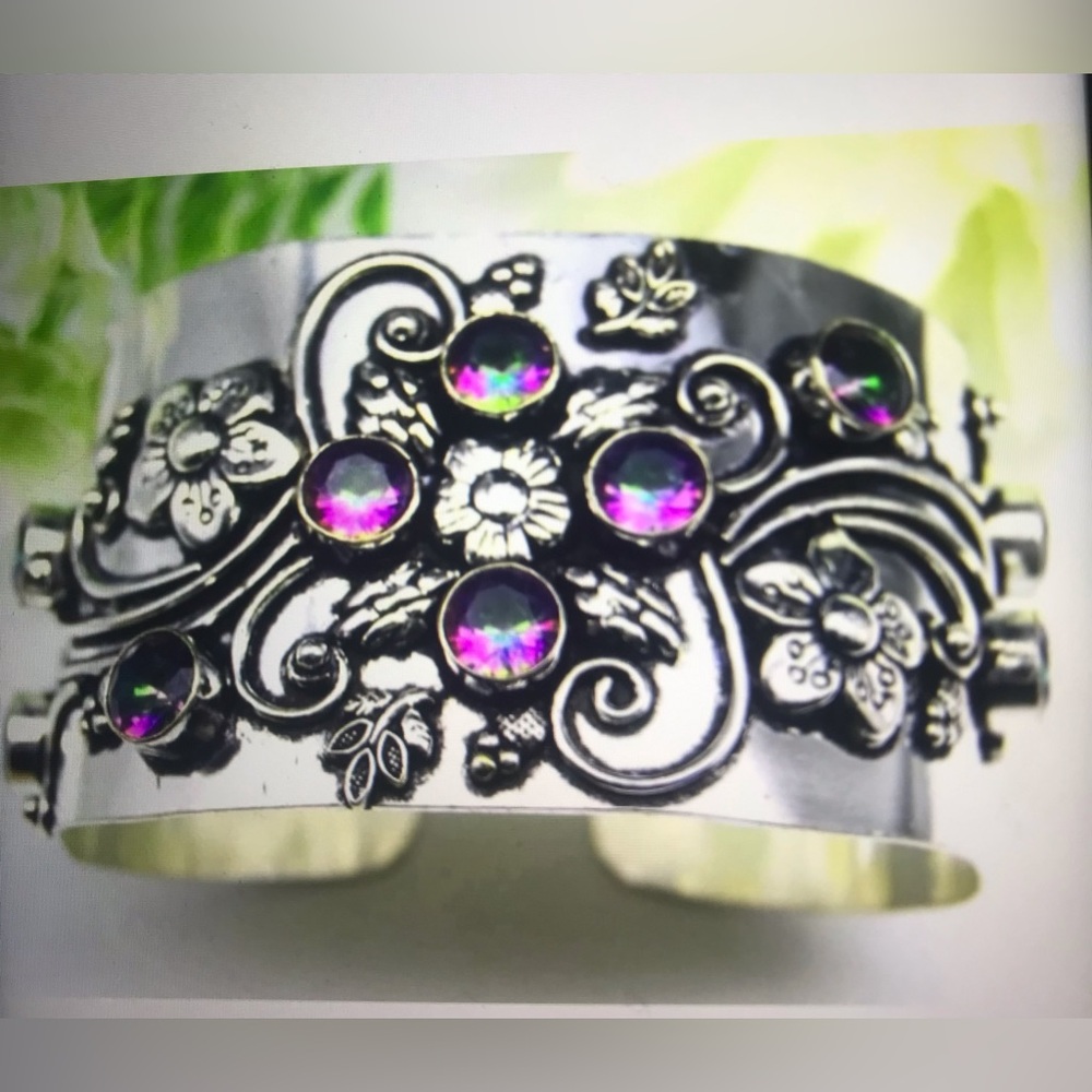 Mystic Topaz Stamped Solid 925 Sterling Silver Cuff Bracelet